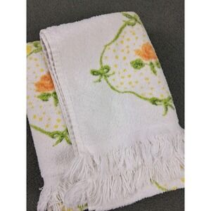 Vintage White Floral Towel Yellow Diamond Lady Pepperell W/ Fringe Terry Granny